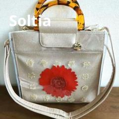 Soltia2wayバッグ シャンパンゴールド　レッド押し花柄 チャーム付き