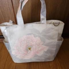 ハンドメイド帯リメイク2wayトートバッグ 花柄刺繍シヨルダー紐付き