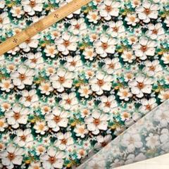 D41　3D立体プリント生地 花柄 白花背景緑 ポリコットン ハギレ 輸入生地