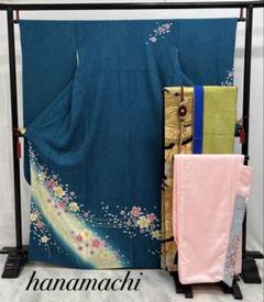 振り袖 フルセット ブルー 長襦袢付 金彩加工 刺繍半襟 袋帯 468