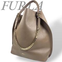 FURLA フルラ トートバッグ チェーン レザー ブラウン スタッズ ブルー