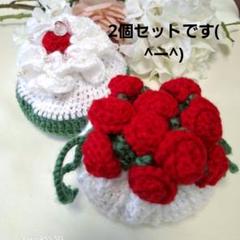 ニットのクリームソーダ&赤いバラのかぎ針編み巾着袋