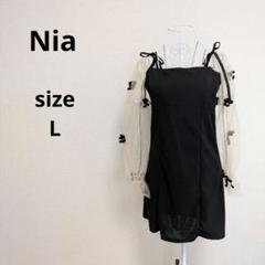 Nia シアー リボン袖 ドッキング ミニワンピース ブラック L