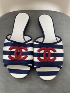 CHANEL フラットサンダルミュールマリンボーダーココマーク