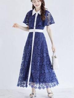新品未開封＊トッコ　ベルト付き配色ケープフラワーレースシャツワンピース　ネイビー