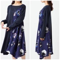 ＊茶々丸　美品　ふりふ　キクツバメ　花天井　切替ワンピース　ネイビー　和柄 茶々丸様専用 美品 ふりふ キクツバメ 花天井 切替ワンピース