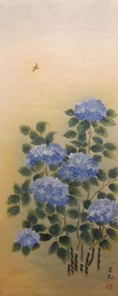 新品入荷 絹本 』 紫陽花 『 作 芸元 Sake様専用掛け軸 希少 茶道具 軸装 絵画