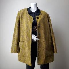 ヴィンテージ ノーカラー ジャケット 総柄 ペイズリー 刺繍 黄緑 レトロ