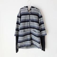 USED 古着 ネイビー グレー ウール ボーダー ニット切替 パーカ フーディ