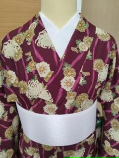 4766◆時代古裂　アンティーク着物袷ボルドー万寿菊松渋カッコいいレアな逸品 4766◇時代古裂 アンティーク着物袷ボルドー万寿菊松渋カッコ