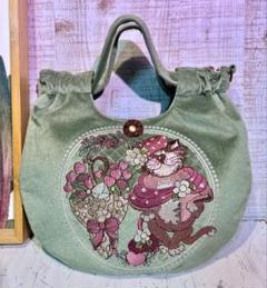 ロラライハリス♡ライトグリーンベロア♡刺繍のふんわり丸型絞りバッグS♡ ロラライハリス♡ライトグリーンベロア♡刺繍のふんわり丸型絞り