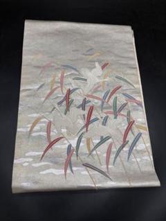 高級　正絹　洒落帯　名古屋帯　アンティーク　白系　銀糸　ナス　植物文　N7 miyagawa-kimono_sb53072
