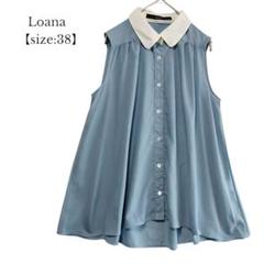 【loana／ロアナ】ブラウス　ノースリーブ　薄手　ブルー　白　サイズ38