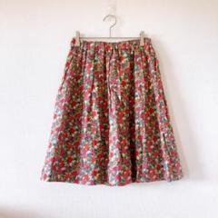 美品 テチチ 膝丈プリーツスカート 総柄 ボタニカル M グレー 4724