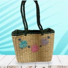花刺繍 フラワー ストロー かごバッグ 刺繍＆ビーズ 差し色グリーン 布張り