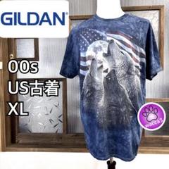 00s US古着 GILDAN タイダイ柄　半袖Tシャツ ブルー　XL オオカミ