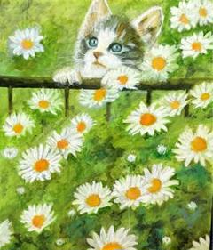 関口すすむ油絵猫ねこ、おや何かいるぞF4号