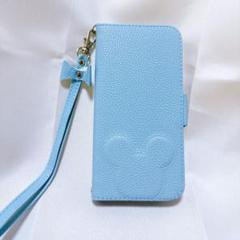 iPhone 13 ケース 手帳型 水色 ミッキー マグネット ストラップ