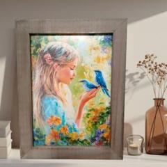 【幸福の青い鳥と少女】油絵風アートプリント（2L写真サイズ）