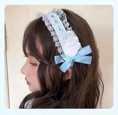 羽根　ヘッドドレス　リボン　かわいい　地雷系　量産型　白×水色　サイドピン