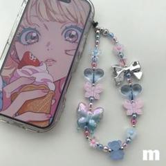 ハンドメイドビーズストラップ♡ブルー×ピンク