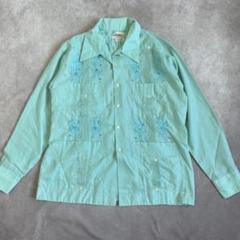 80s FARANON 長袖キューバシャツ 開襟 両面刺繍 L