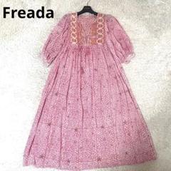 美品✨ Freada インド木版スモックワンピース ロング　ピンク