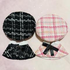 【ピンク＆黒】セット ぬい服 10㎝用 ベレー帽 & ポンチョ ぬいぐるみ服