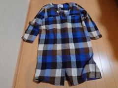 .fr　フェリシモ　青白茶色チェック柄 前開き五分袖チュニック　LL　ほぼ新品のサムネイル