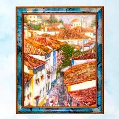風景画/ヨーロッパ・ポルトガルの古い街「オビドス」油彩画小作品 額付きのサムネイル