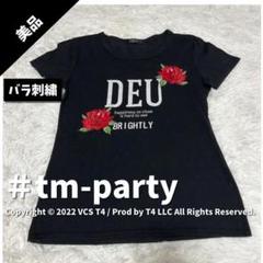 【美品】 Tシャツ 半袖 Lサイズ プリントTシャツ バラ 刺繍 黒 ✓2473
