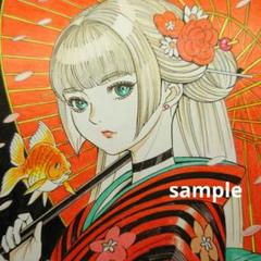 手描きイラスト 185】オリジナル原画 色紙 同人 美人画「金魚と