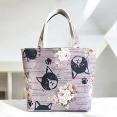 トートバッグ ハンドメイド ハチワレ猫と薔薇 猫 猫柄 ピンク