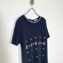 tomatsu【F】ネイビー ニット 半袖ワンピース レース 花柄 刺繍 日本製