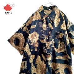 【大人気】総柄　柄シャツ　シルク　エジプト　壁画　古着　ブラック 1