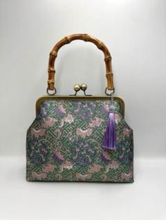 ハンドメイド がま口 バンブー持ち手 手刺繍 ハンドバッグ ☆バンブーがま口バッグ・焼き持ち手 黒地に花束の刺繍柄