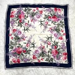 【美品】イヴサンローラン シルク100%スカーフ 大判 花柄 グリーン Yves Saint Laurent 中古 良品 YVESSAINTLAURENTイヴサン
