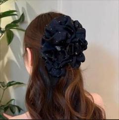 ヘアクリップ　黒　リボン　ストーン華やか　大きめ　おしゃれ　ヘアアクセサリー
