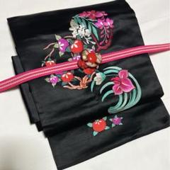 ¨̮⃝ 可愛い手毬文様 長尺 手描き 名古屋帯 大正ロマン 昭和レトロ 3848◇アンティーク名古屋帯時代物黒繻子にお花の手刺繍蝶々の