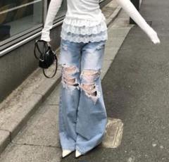 フリルセットブラックダメージデニムパンツ　emmy フリルセットブラックダメージデニムパンツ – ANDOR ONLINE