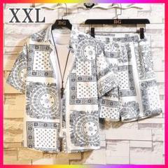 2点セットアップ メンズ ビーチシャツ 2XL 総柄 薄手 普段着 上下セット