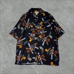 PARADISE COVES 葉巻 パイプ 開襟シャツ アロハシャツ L 黒