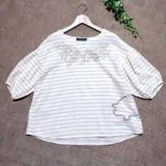 ドラッグストアーズ　綿麻　フラワー刺繍　ボーダーカットソー　パフ袖　大きいサイズ
