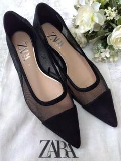 ZARA ザラ フラットシューズ シースルー メッシュ スエード 黒
