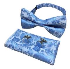 【新品】蝶ネクタイ 3点セット カフスボタン ポケットチーフ 結婚式 水色