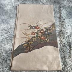 2657 紬の袋帯 鳥と植物模様 グレー系 長さ445㌢ 幅31㌢ レディース