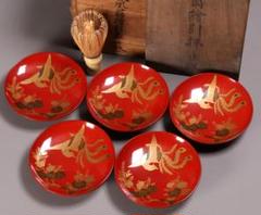 木製漆塗り 朱 三ツ組 亀　蒔絵　金彩　縁起物　三重盃 CM242】時代木製漆器 桐鳳凰・菊 金蒔絵 朱塗 引盃 五客 木製