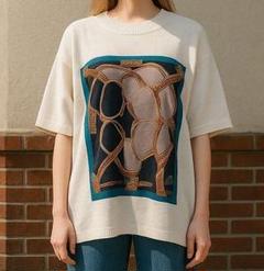 美品 Tanppoppo ニット LL相当 白 アートプリント 薄手 半袖