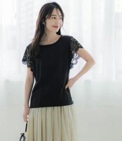 coca袖レースTシャツ　ブラック