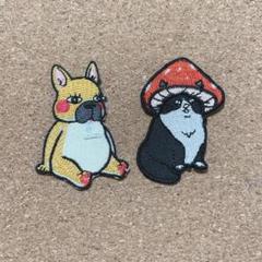 85 キノコ 猫 ブルドッグ ネコ 犬 おもしろ 刺繍 ワッペン アイロン 接着